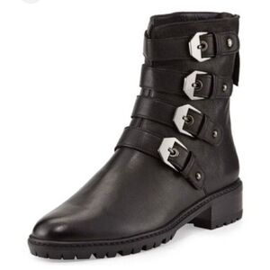 Stuart Weitzman Jitterbug Boot Leather Moto Four Buckle Black Round Toe Ankl 8